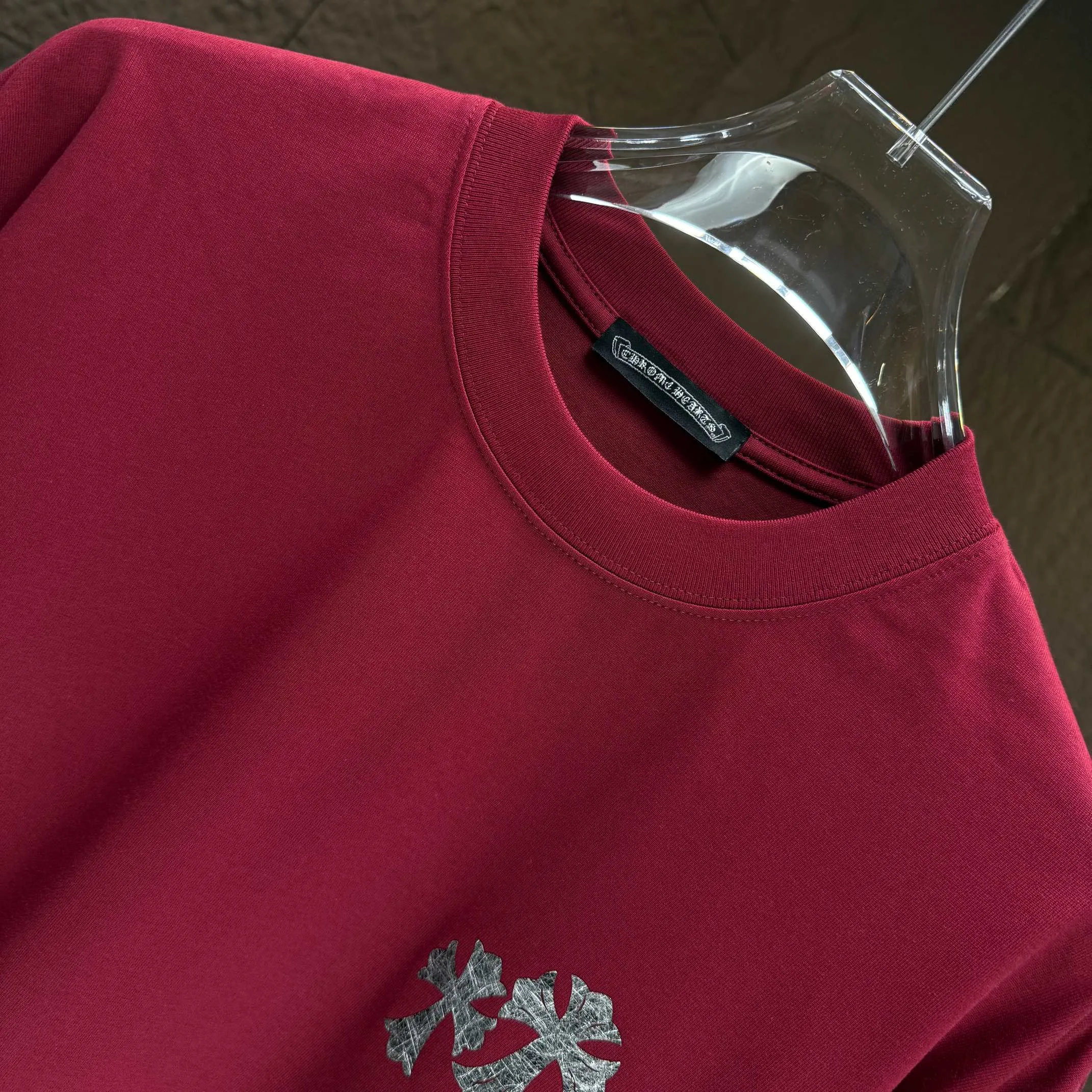 🅿️230 CH* Crow Heart* 2025 autumn and winter new thick long-sleeved T-shirt 320g pure cotton Sanskrit cross logo silver thread Color: Black White Angora Red Size: S M L XL